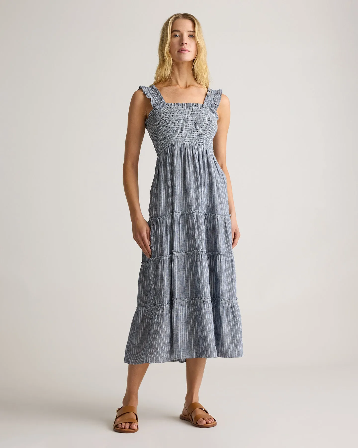 100% European Linen Smocked Midi Dress