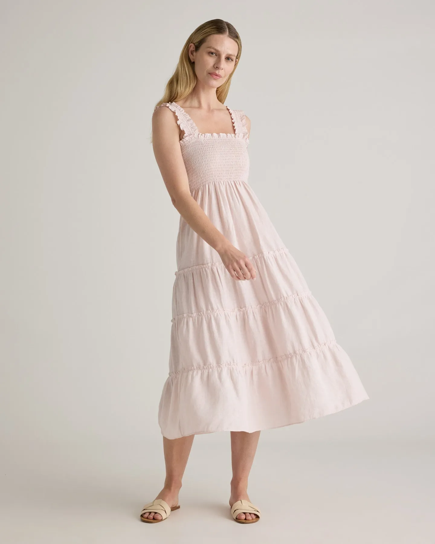 100% European Linen Smocked Midi Dress