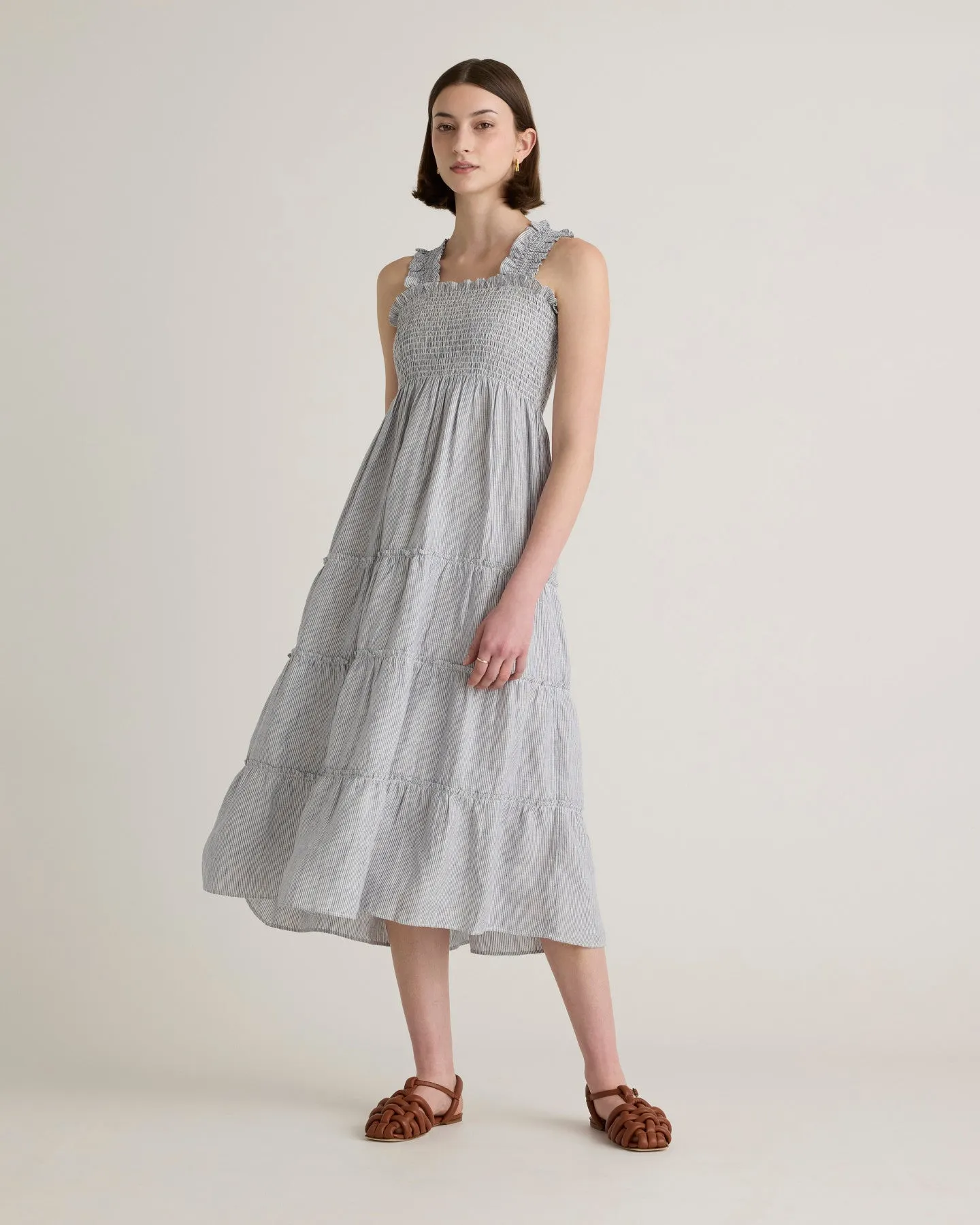 100% European Linen Smocked Midi Dress