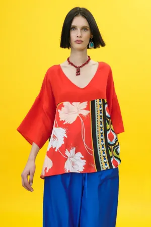 Access Fashion 2161 Red V-Neck Contrast Print Blouse