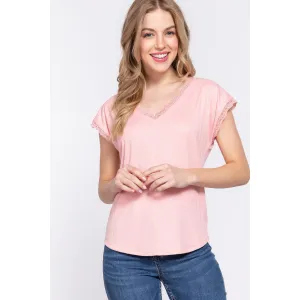 ACTIVE BASIC Lace Trim V-Neck Short Sleeve Ribbed Top