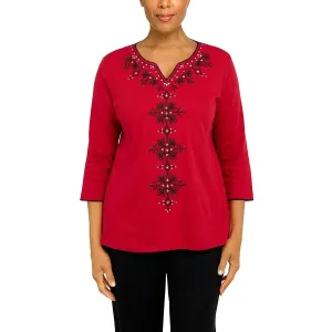 Alfred Dunner Womens Embellished Split Neck Pullover Top