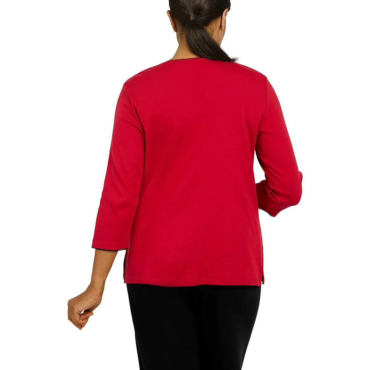 Alfred Dunner Womens Embellished Split Neck Pullover Top