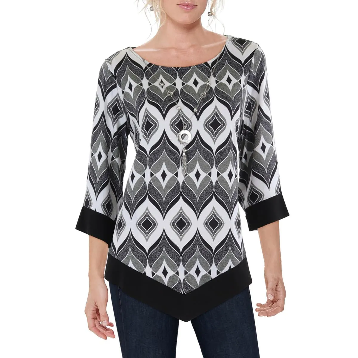 Alfred Dunner Womens Wideneck Geometric Pullover Top