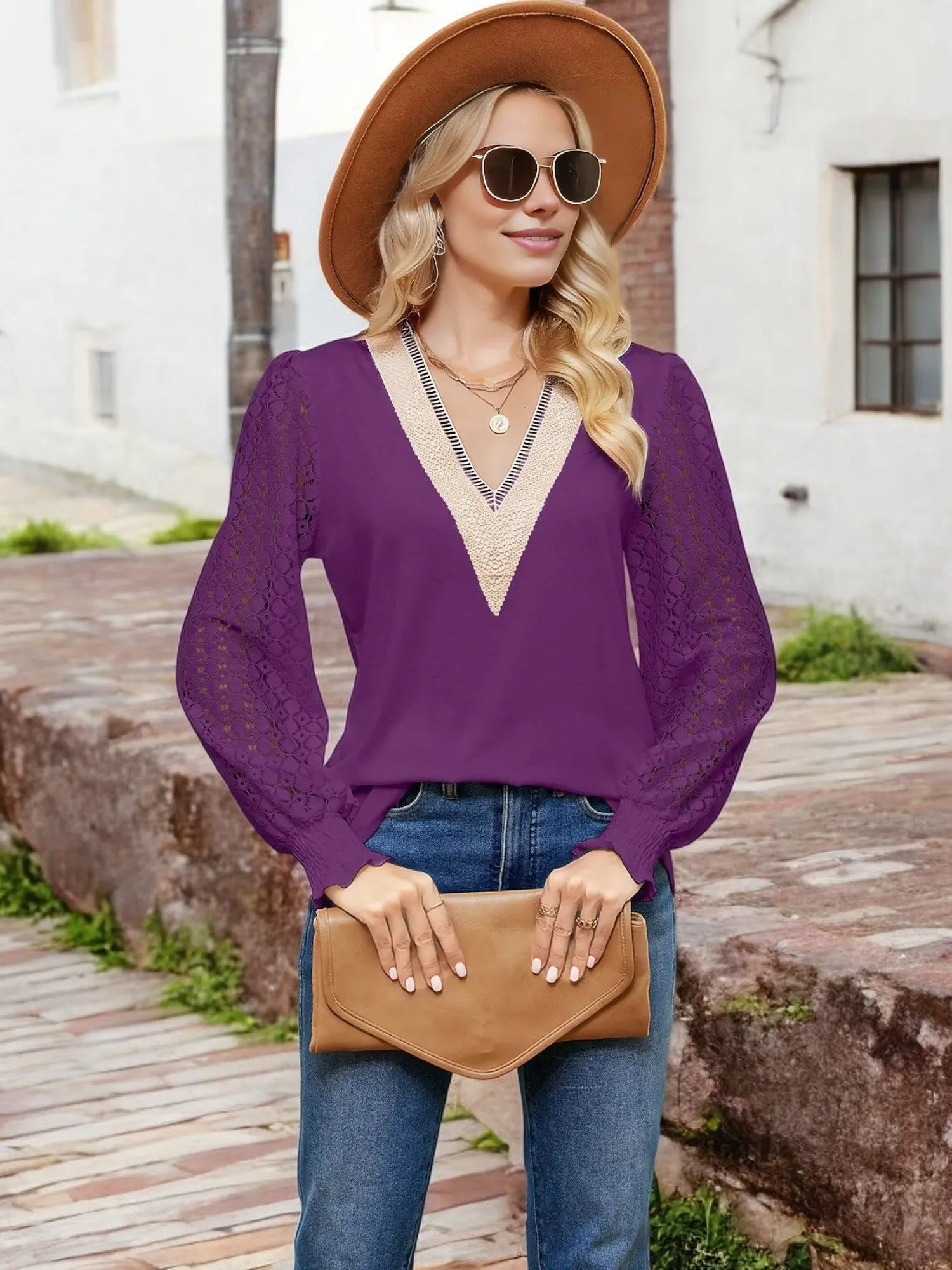 Anna-Kaci Women's V-Neck Lace Sleeve Blouse with Crochet Trim and Smocked Cuffs