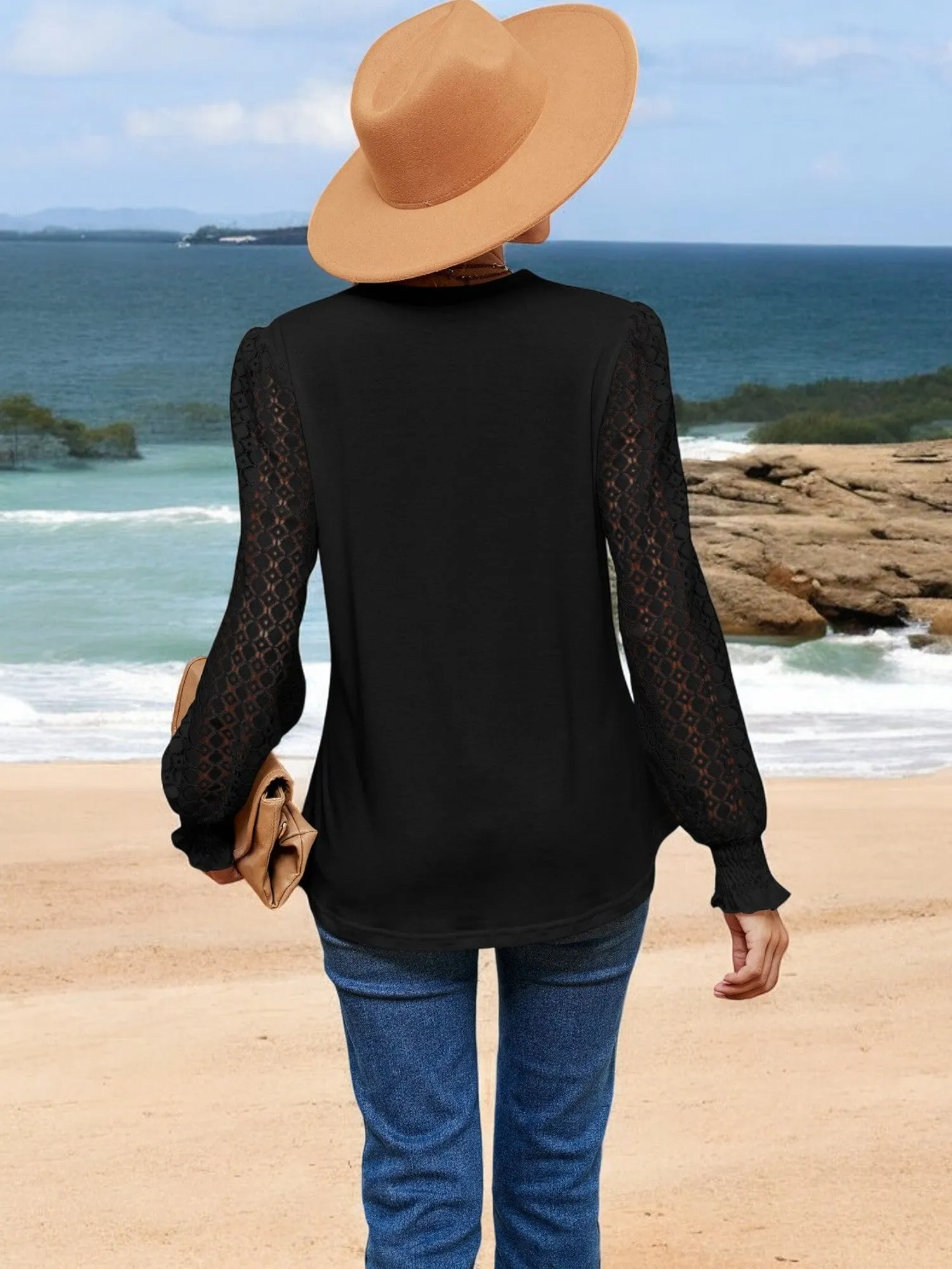 Anna-Kaci Women's V-Neck Lace Sleeve Blouse with Crochet Trim and Smocked Cuffs