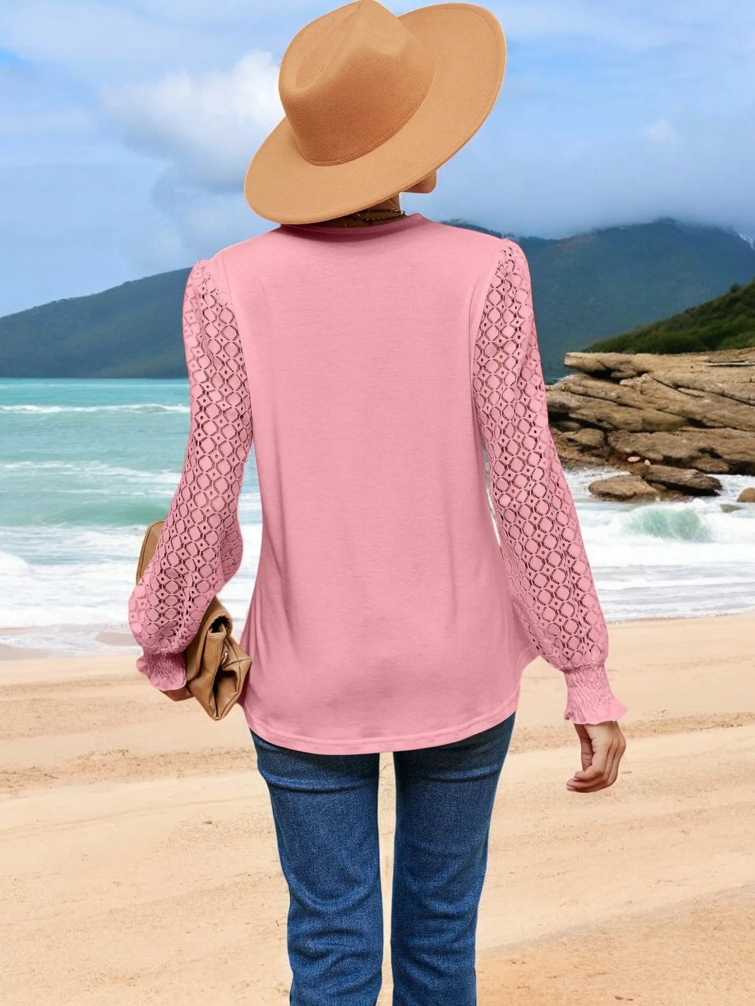 Anna-Kaci Women's V-Neck Lace Sleeve Blouse with Crochet Trim and Smocked Cuffs