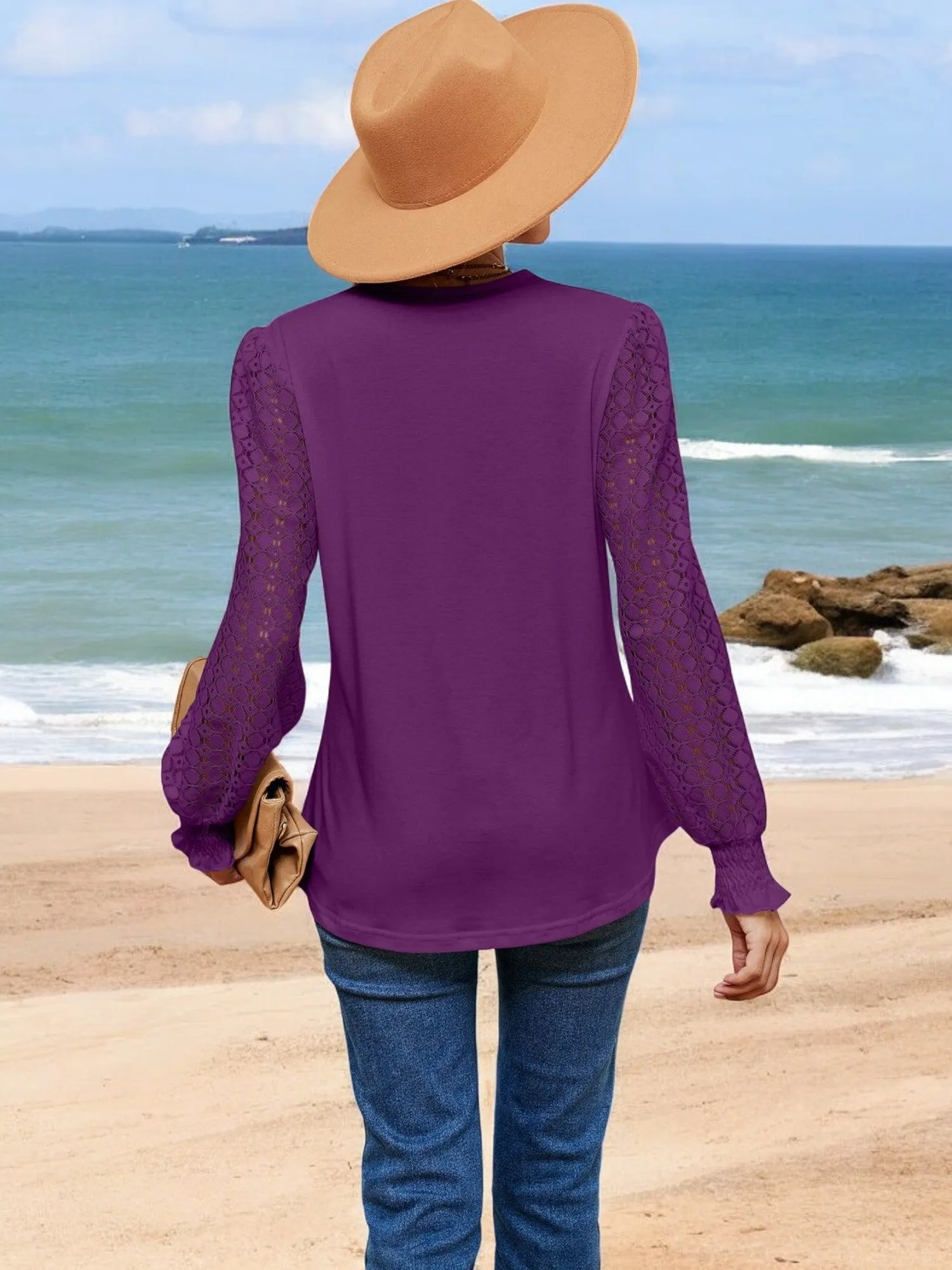 Anna-Kaci Women's V-Neck Lace Sleeve Blouse with Crochet Trim and Smocked Cuffs