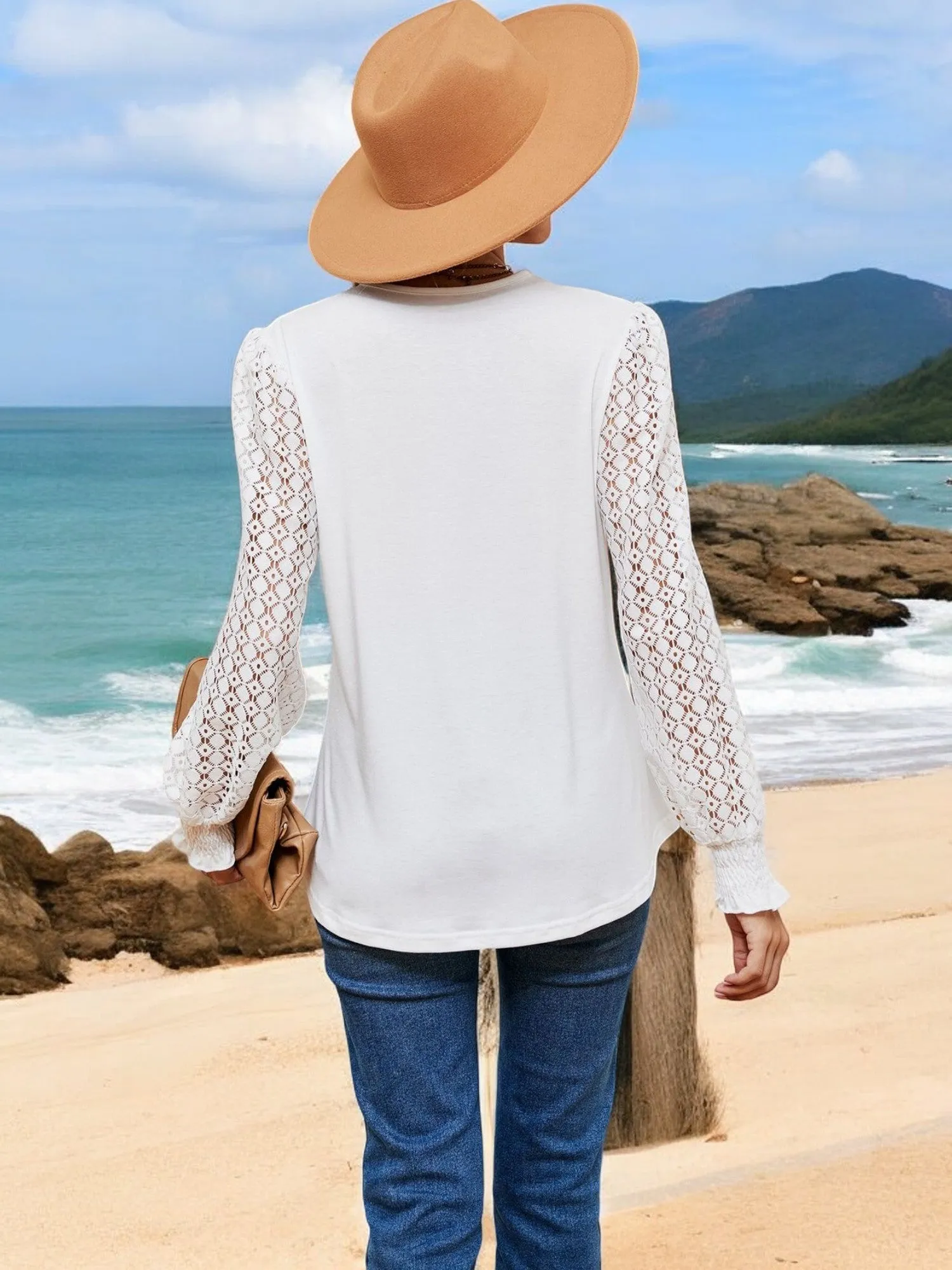 Anna-Kaci Women's V-Neck Lace Sleeve Blouse with Crochet Trim and Smocked Cuffs