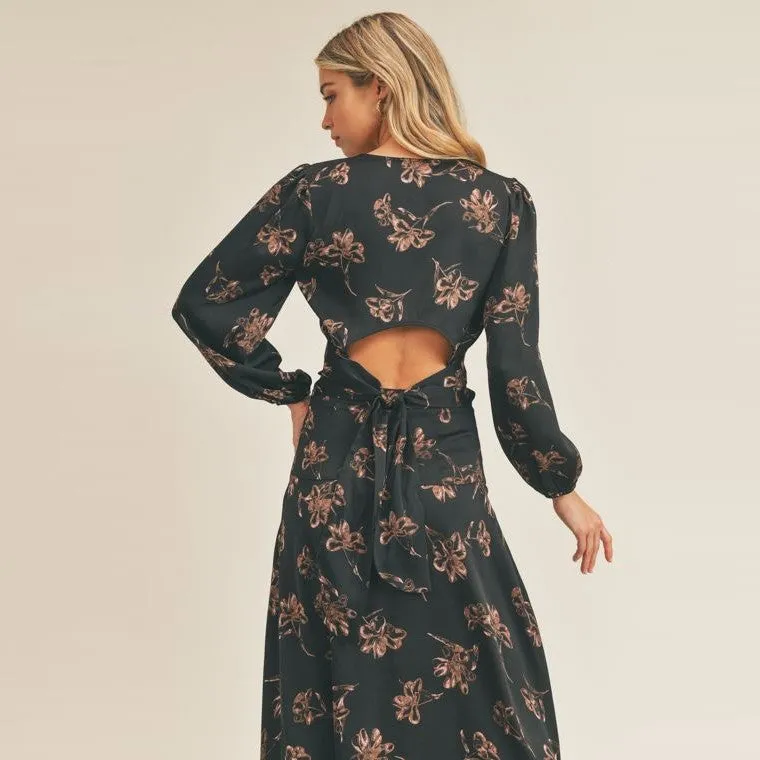 Back Tie Floral Print Blouse (Black Mauve Floral)