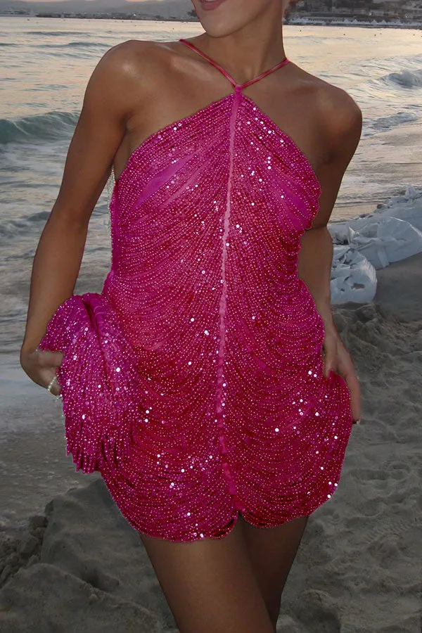 Beading Multi-layer Tassel Flattering Halter Collar Mini Dress