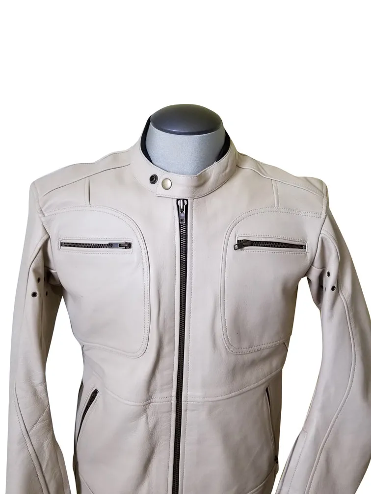 Beige Motorcycle Leather Jacket with armor protection