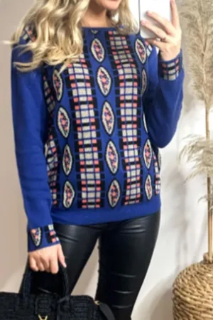Blue & Metallic Gold Trim Fair Isle Jumper