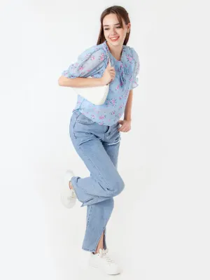 Blue Printed Straight Top