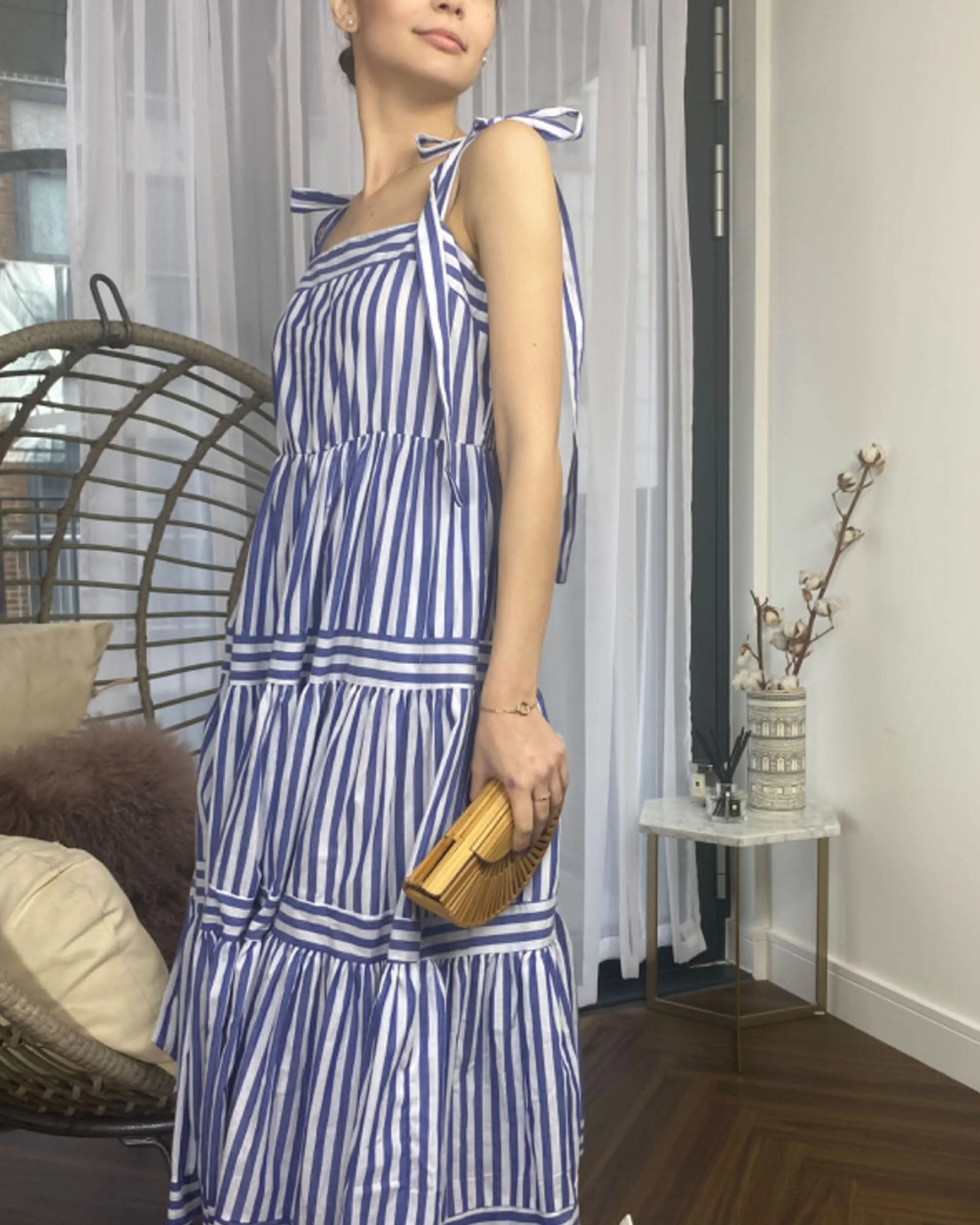 Blue Stripe Print Comfort Cotton Blend Midi Dress