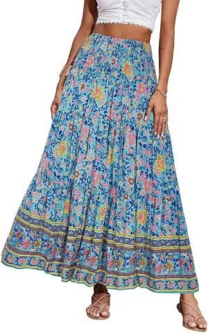 Boho Maxi Skirt for Women 2025 Casual Smocked High Waisted Long Flowy Skirts Plus Size A line Tiered Summer Skirt
