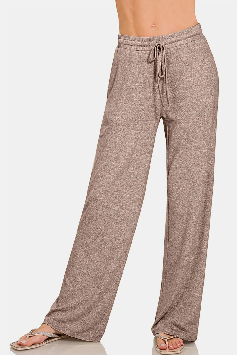 Brown Drawstring Wide Leg Pants with Side Pockets