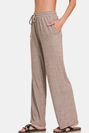 Brown Drawstring Wide Leg Pants with Side Pockets