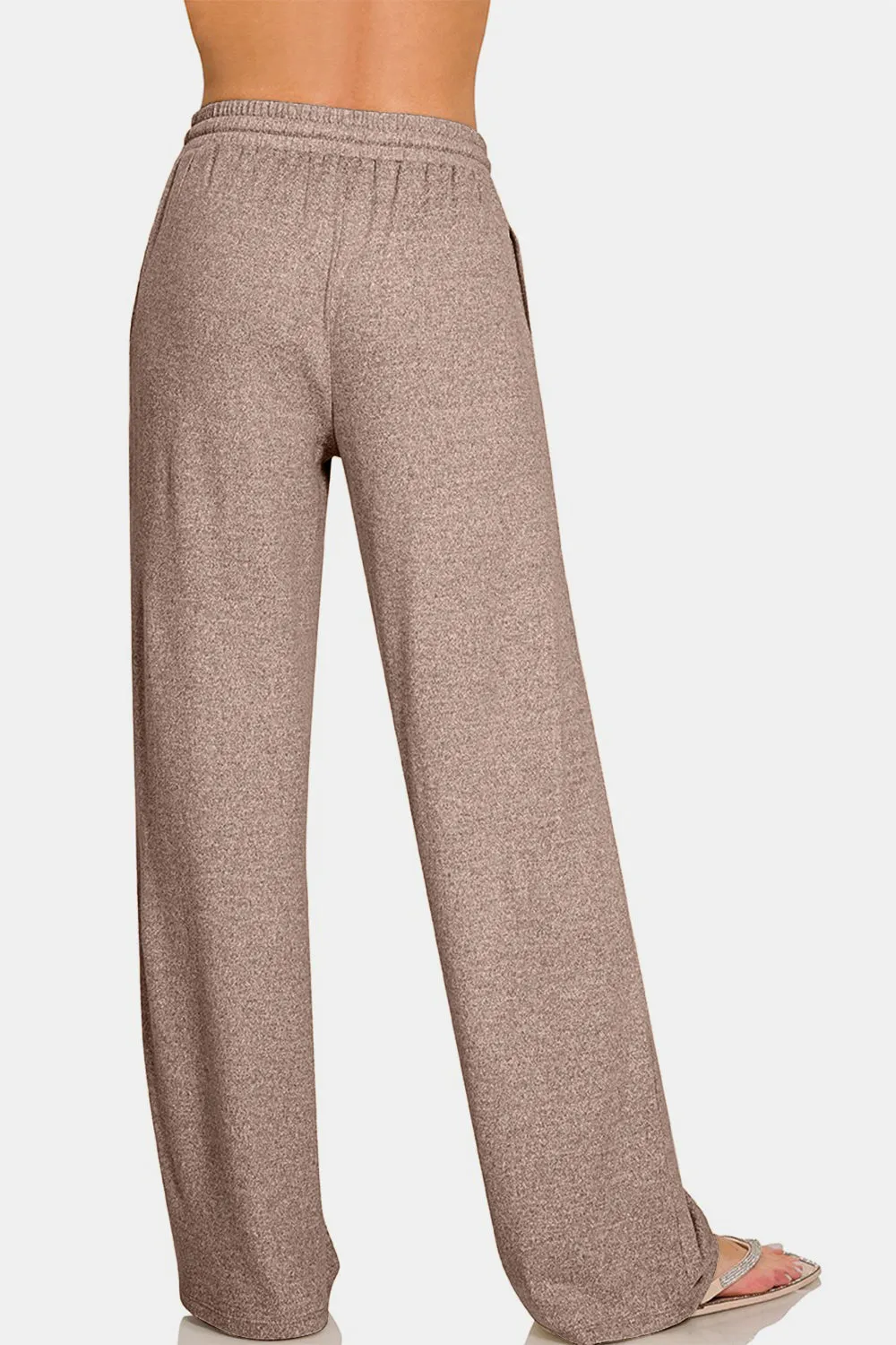 Brown Drawstring Wide Leg Pants with Side Pockets