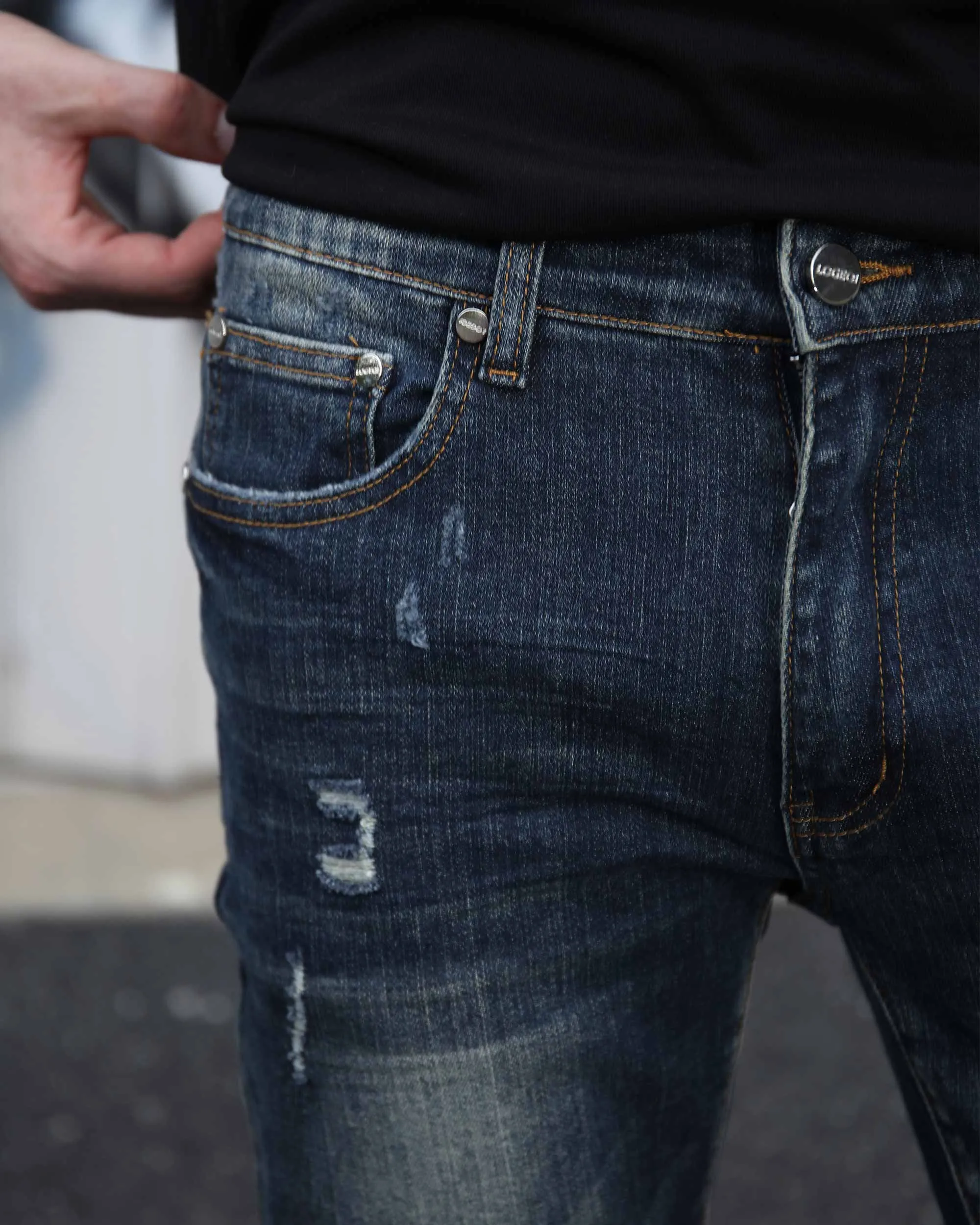 Classic Slim Fit Blue Jeans with Ripped Accents-Mexico Local Delivery