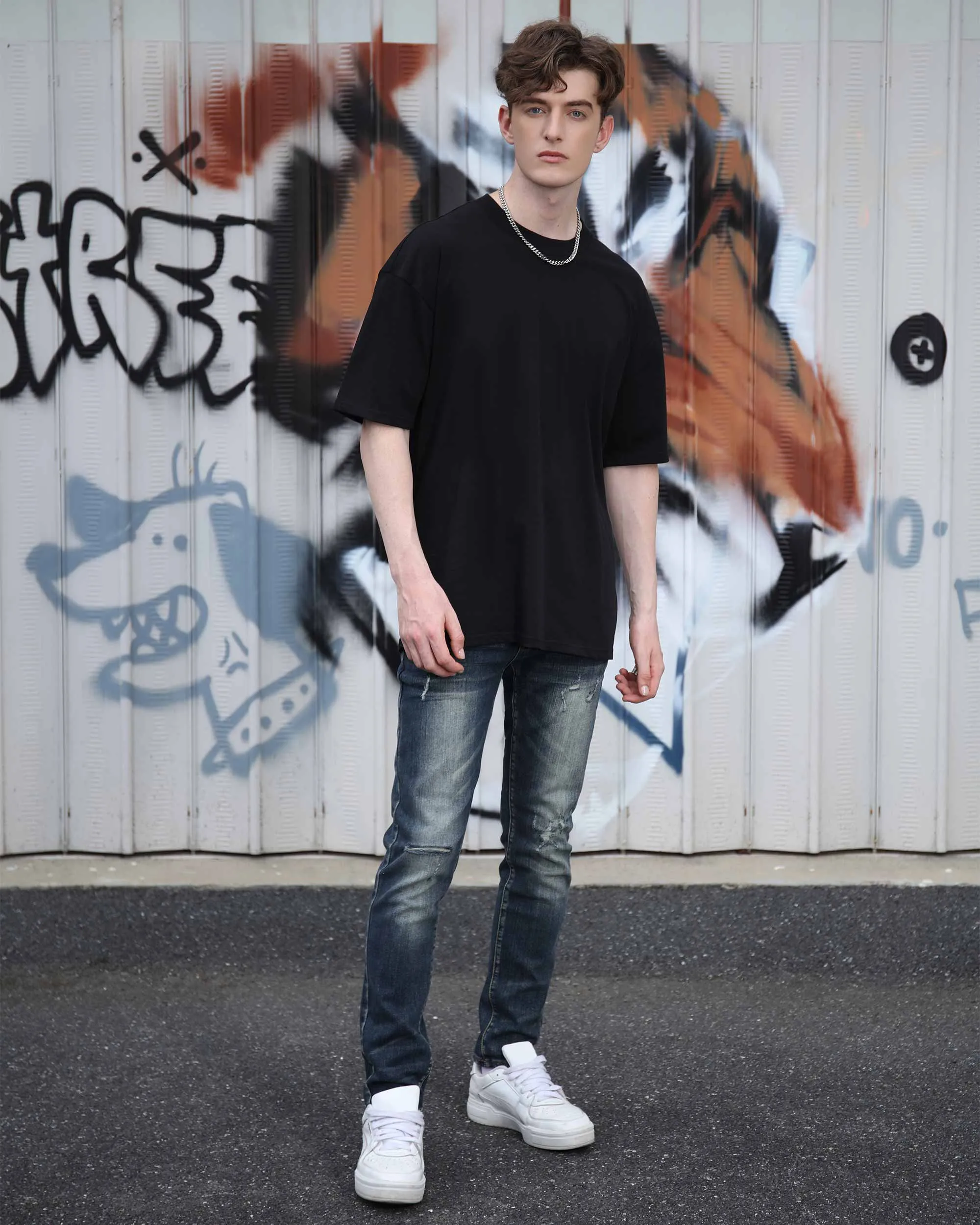 Classic Slim Fit Blue Jeans with Ripped Accents-Mexico Local Delivery
