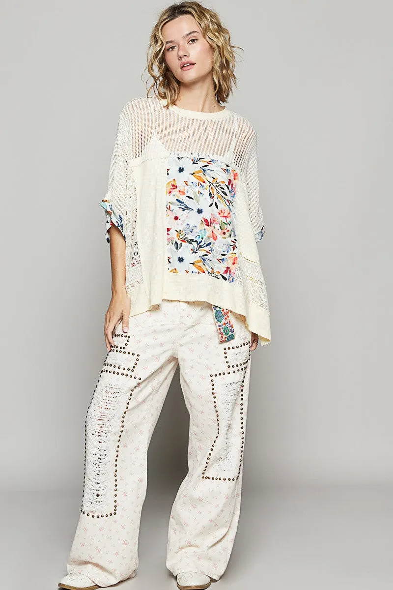 Cream Color Hollow Out Floral Half Sleeve Knit Top
