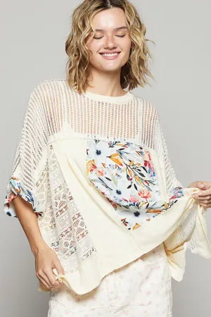 Cream Color Hollow Out Floral Half Sleeve Knit Top