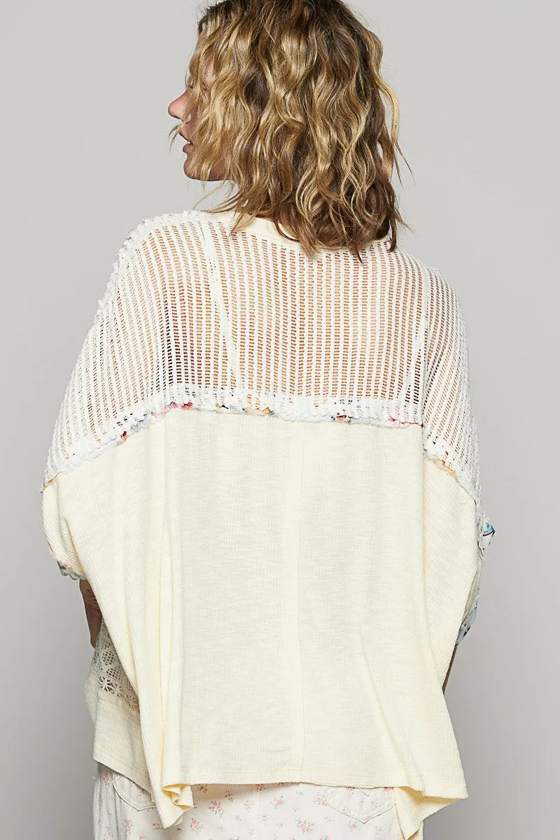 Cream Color Hollow Out Floral Half Sleeve Knit Top