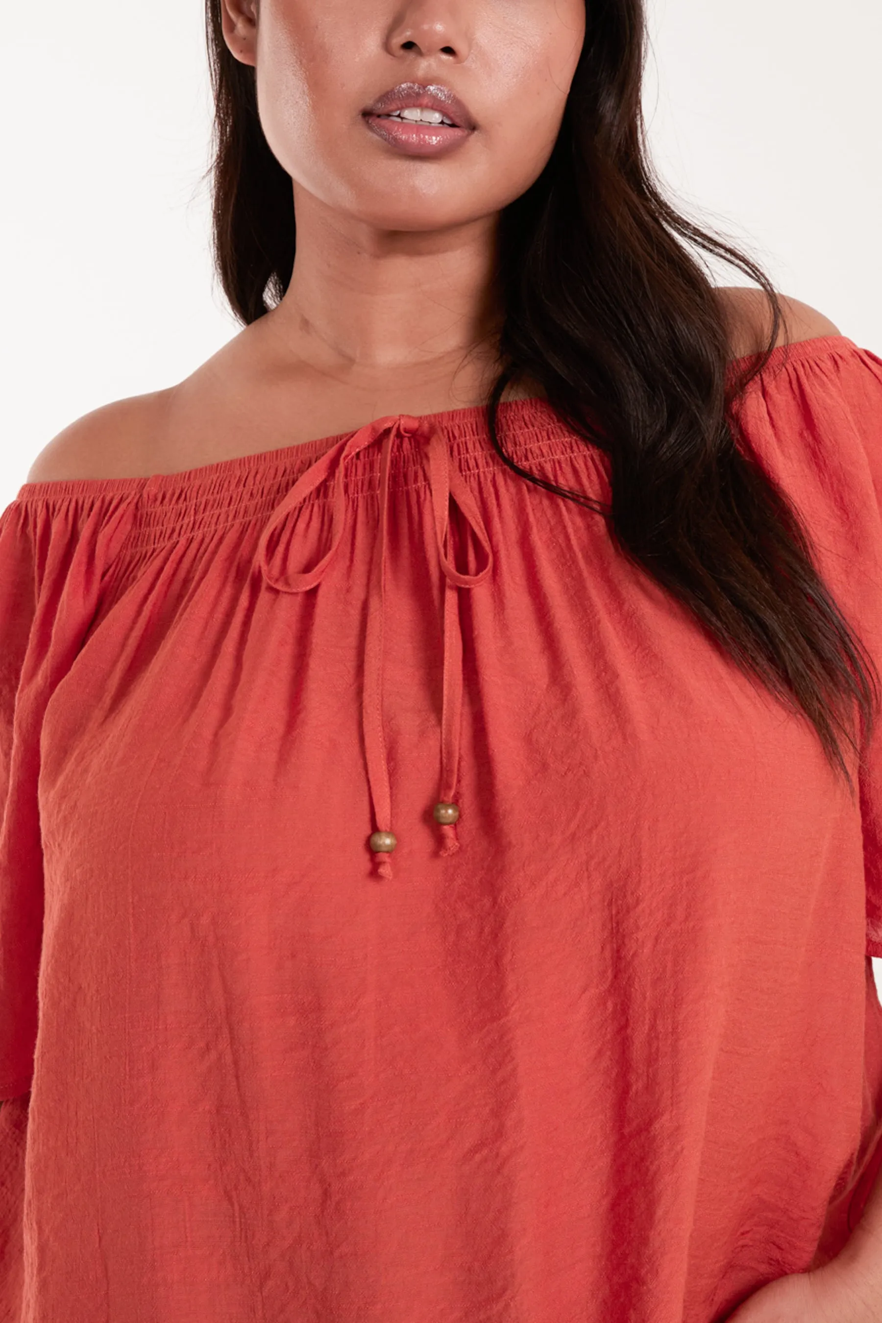 Curve Shirred Front Bardot Swing Top