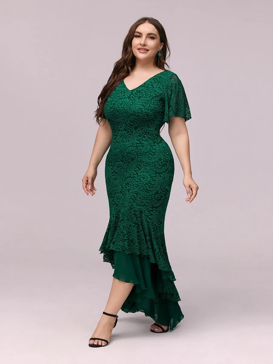 Dainty V Neck Mermaid Tea Length Plus Size Party Dresses