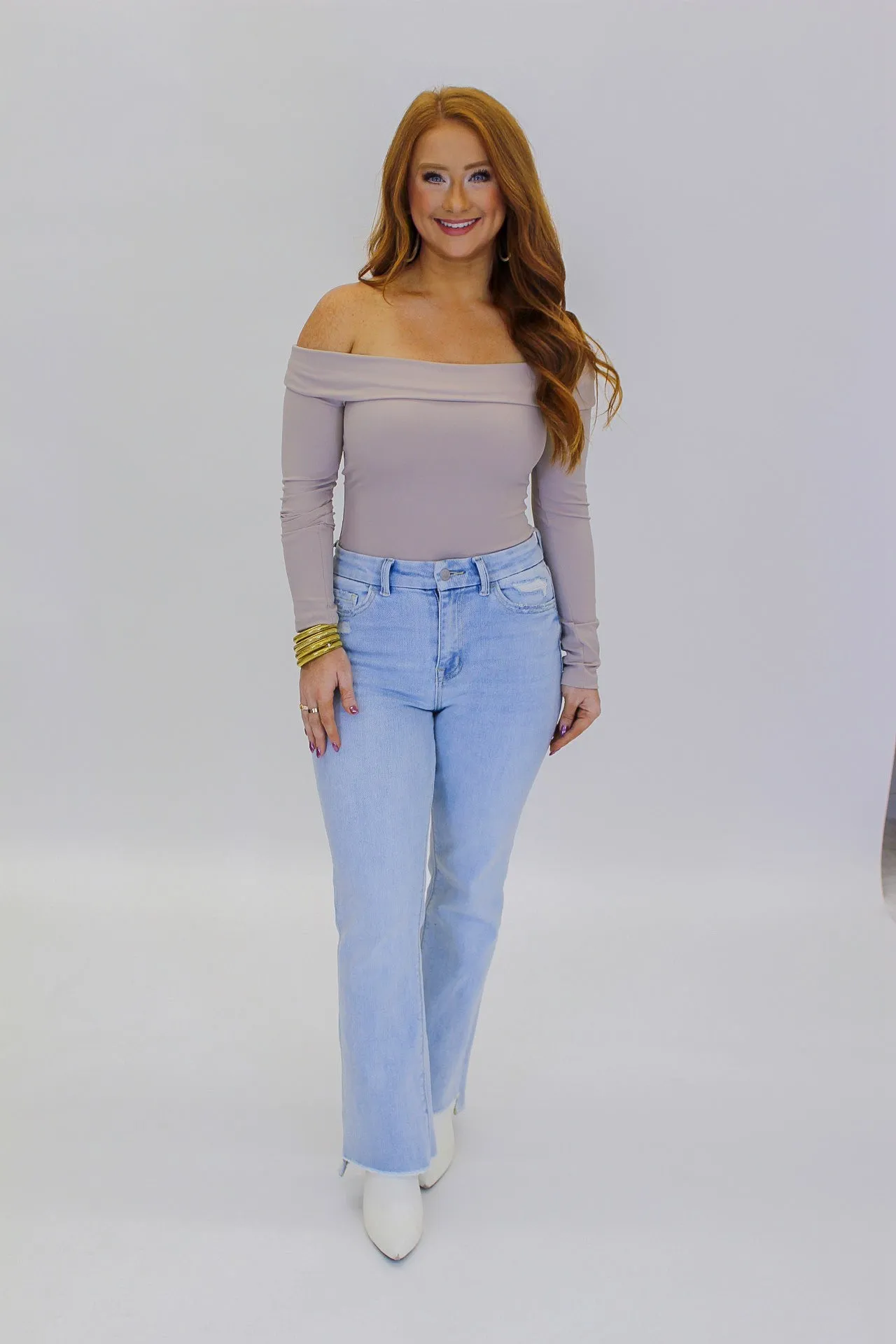 Dylan Off Shoulder Bodysuit- Taupe