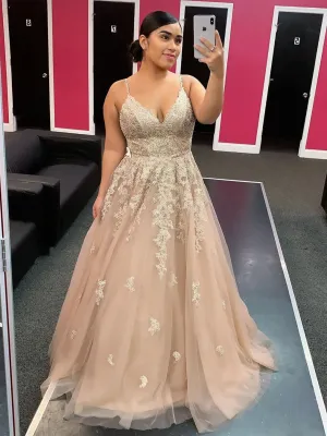 Elegant Champagne Long A Line V Neck Tulle Lace Evening Formal Prom Dresses