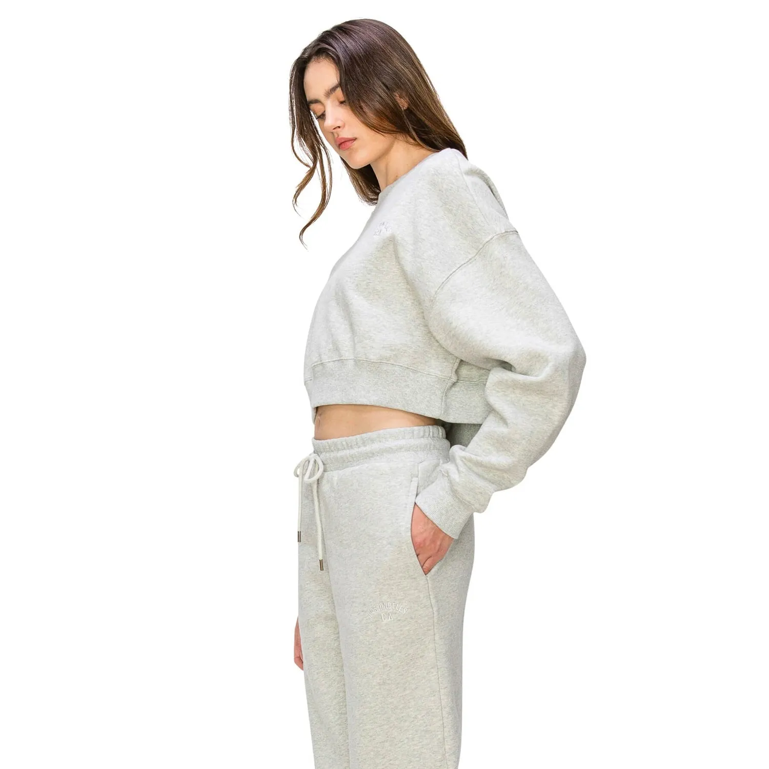 Embroidered Long Sleeve Cropped Sweatshirt - Heather Grey