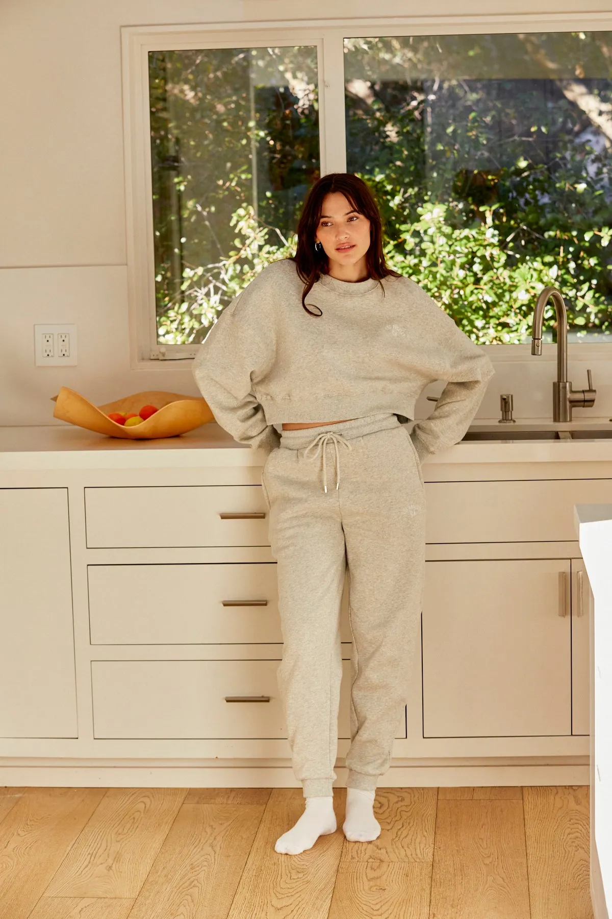 Embroidered Long Sleeve Cropped Sweatshirt - Heather Grey