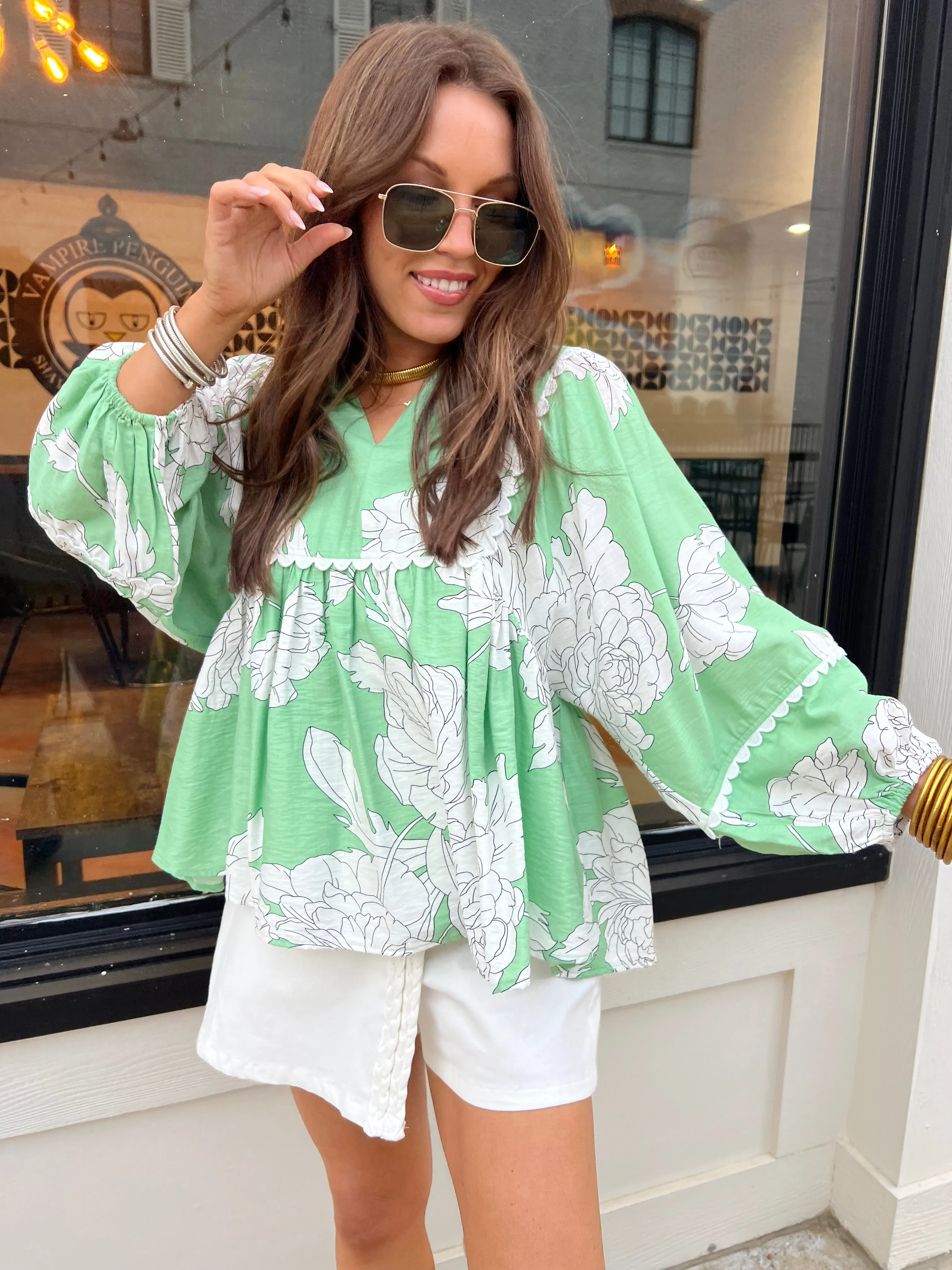 Entro | Laura Floral Print Top Mint