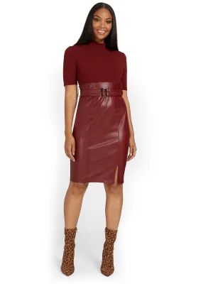 Faux-Leather Belted Sheath Dress