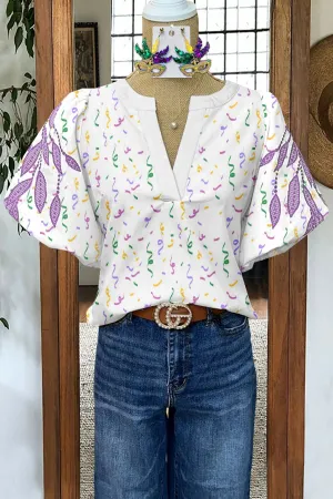 Fresh Mardi Gras Print Puff Sleeve Blouse