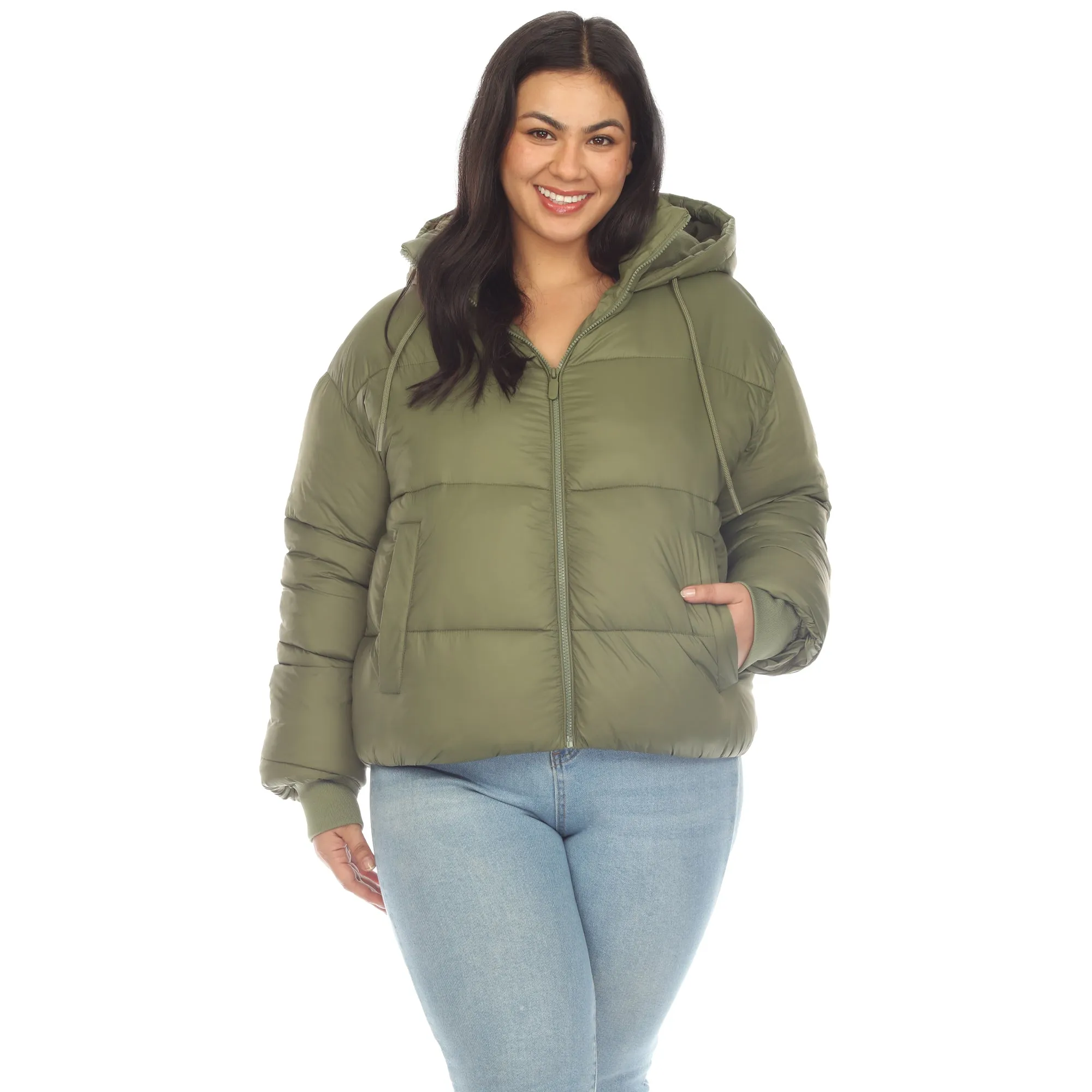 Full Front Zip Hooded Bomber Puffer Coat - Plus