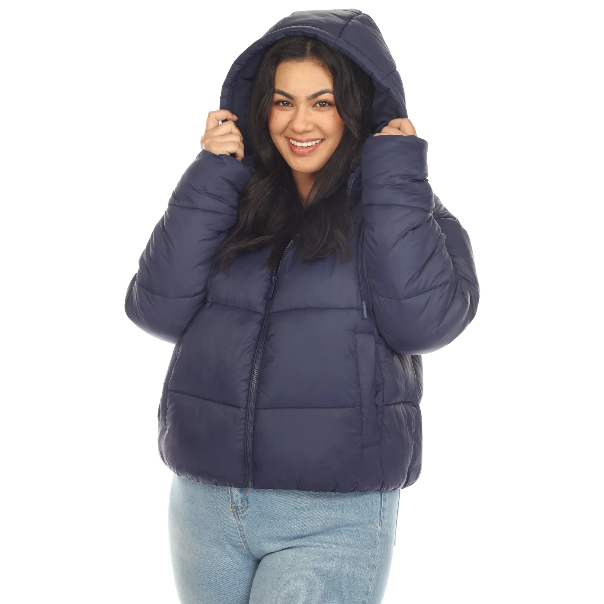 Full Front Zip Hooded Bomber Puffer Coat - Plus