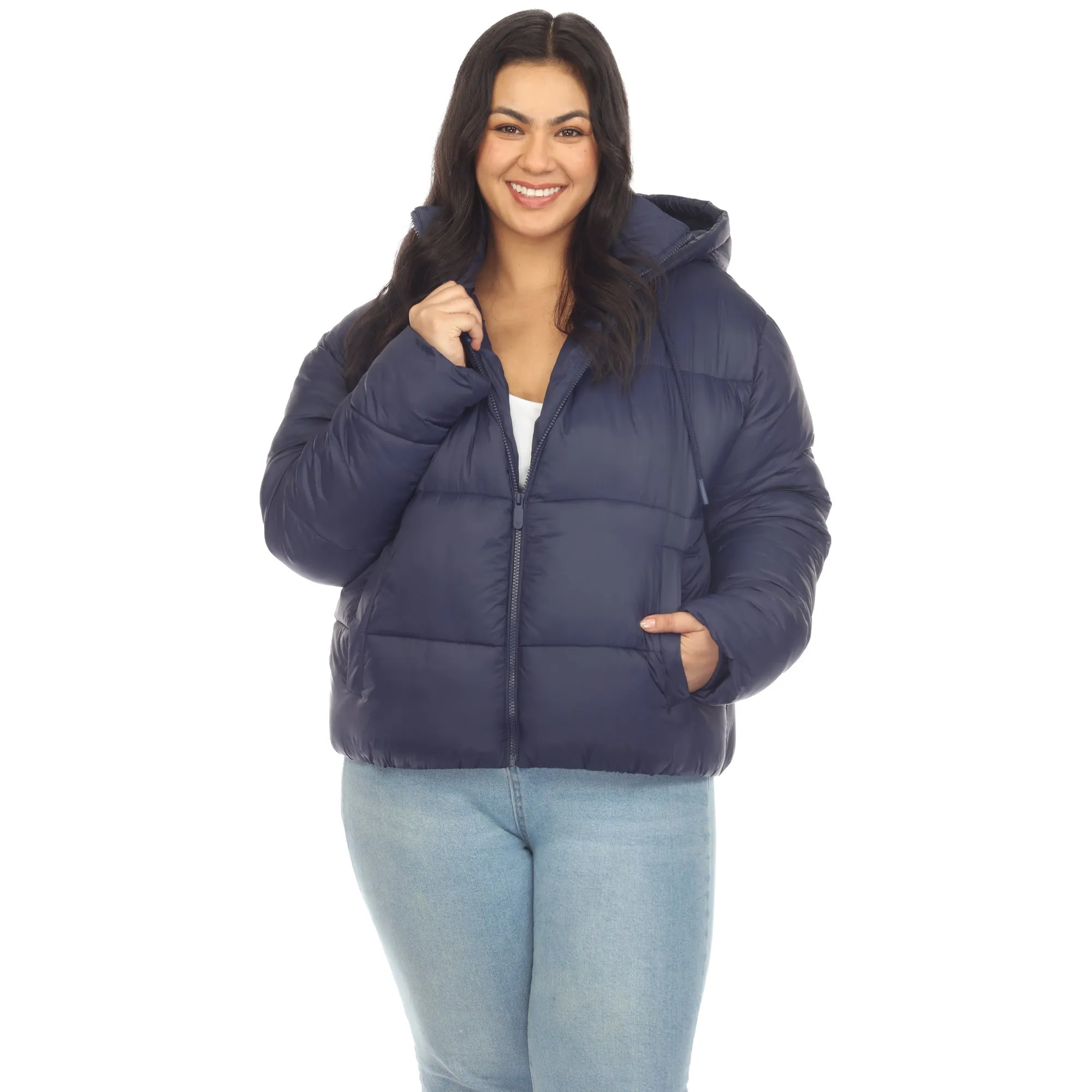 Full Front Zip Hooded Bomber Puffer Coat - Plus