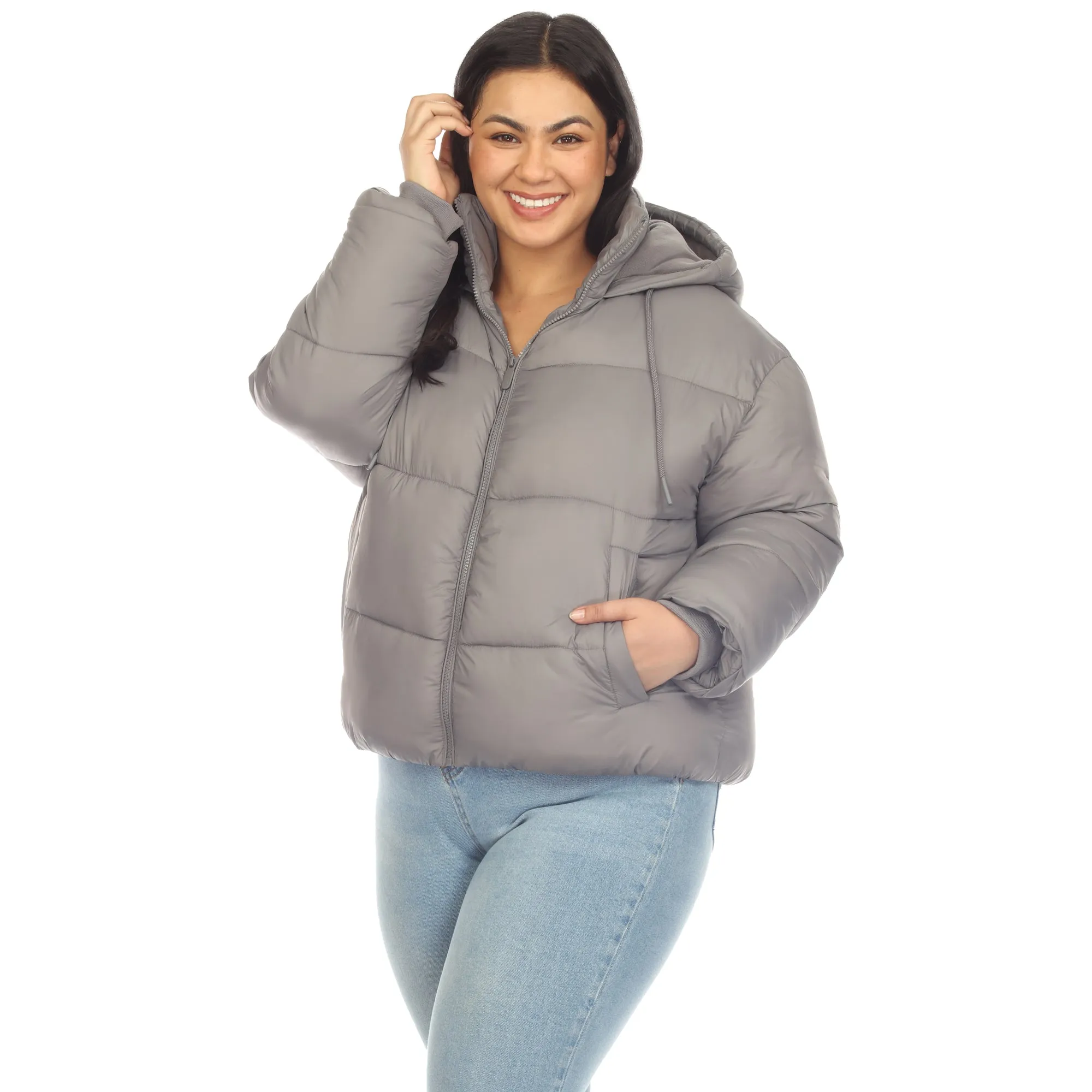 Full Front Zip Hooded Bomber Puffer Coat - Plus
