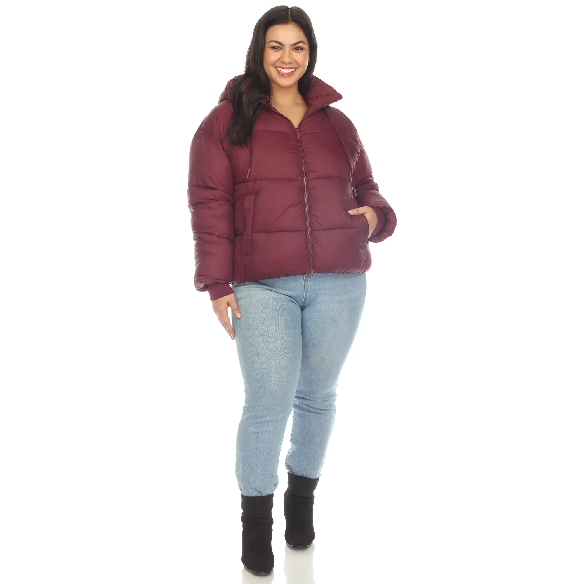 Full Front Zip Hooded Bomber Puffer Coat - Plus