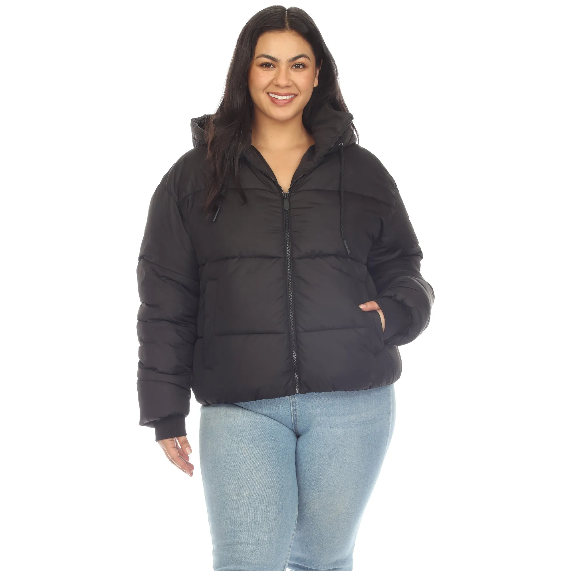 Full Front Zip Hooded Bomber Puffer Coat - Plus