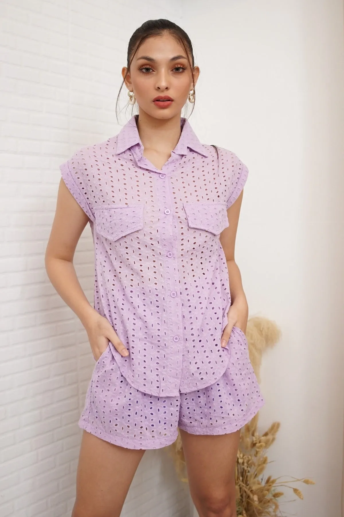GRACIE Sleeveless Eyelet Top and Shorts Co-ord (Lilac)