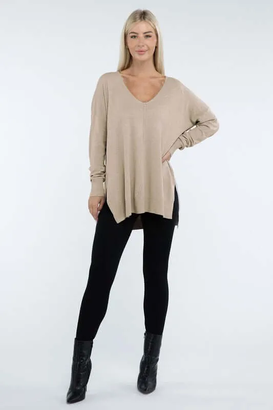 Hi-Low Hem V Neck Front Seam Sweater