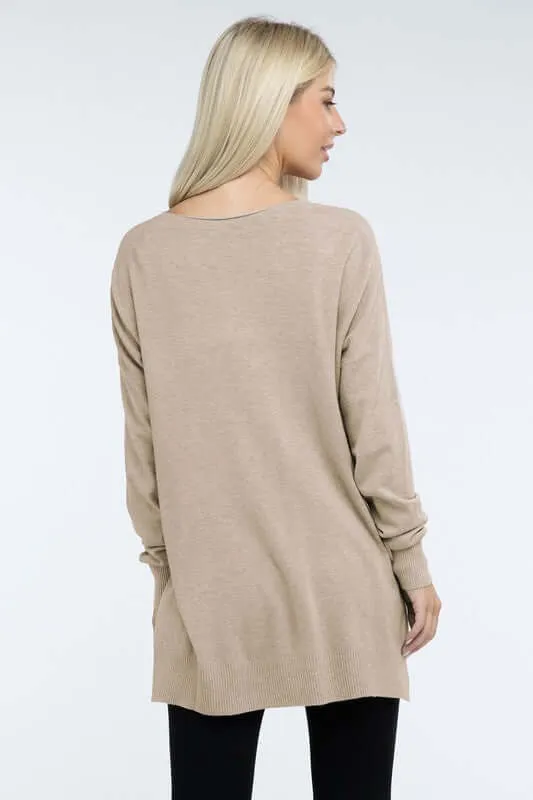 Hi-Low Hem V Neck Front Seam Sweater