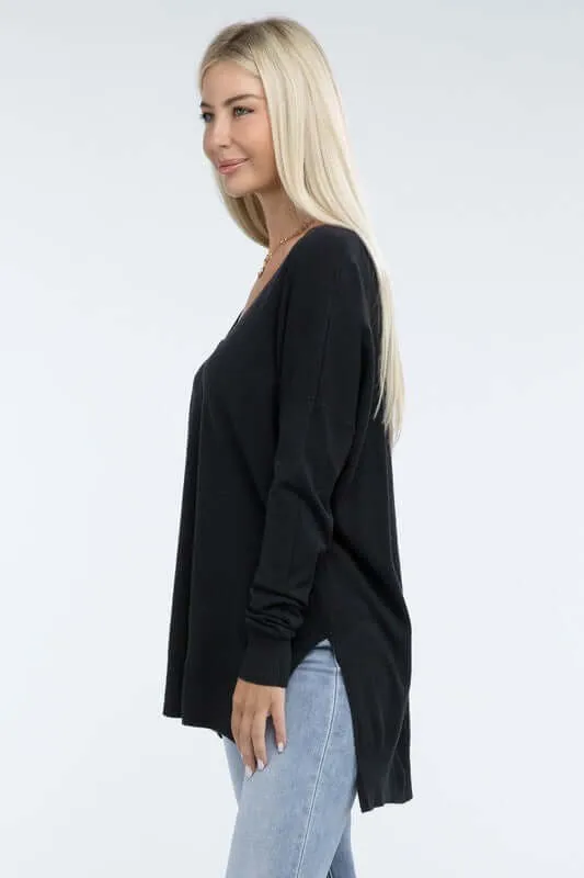 Hi-Low Hem V Neck Front Seam Sweater