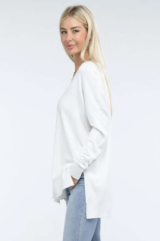 Hi-Low Hem V Neck Front Seam Sweater