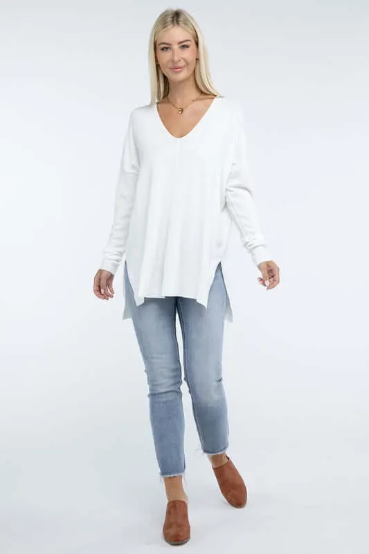 Hi-Low Hem V Neck Front Seam Sweater