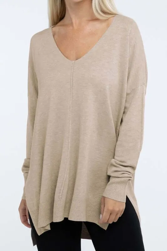 Hi-Low Hem V Neck Front Seam Sweater